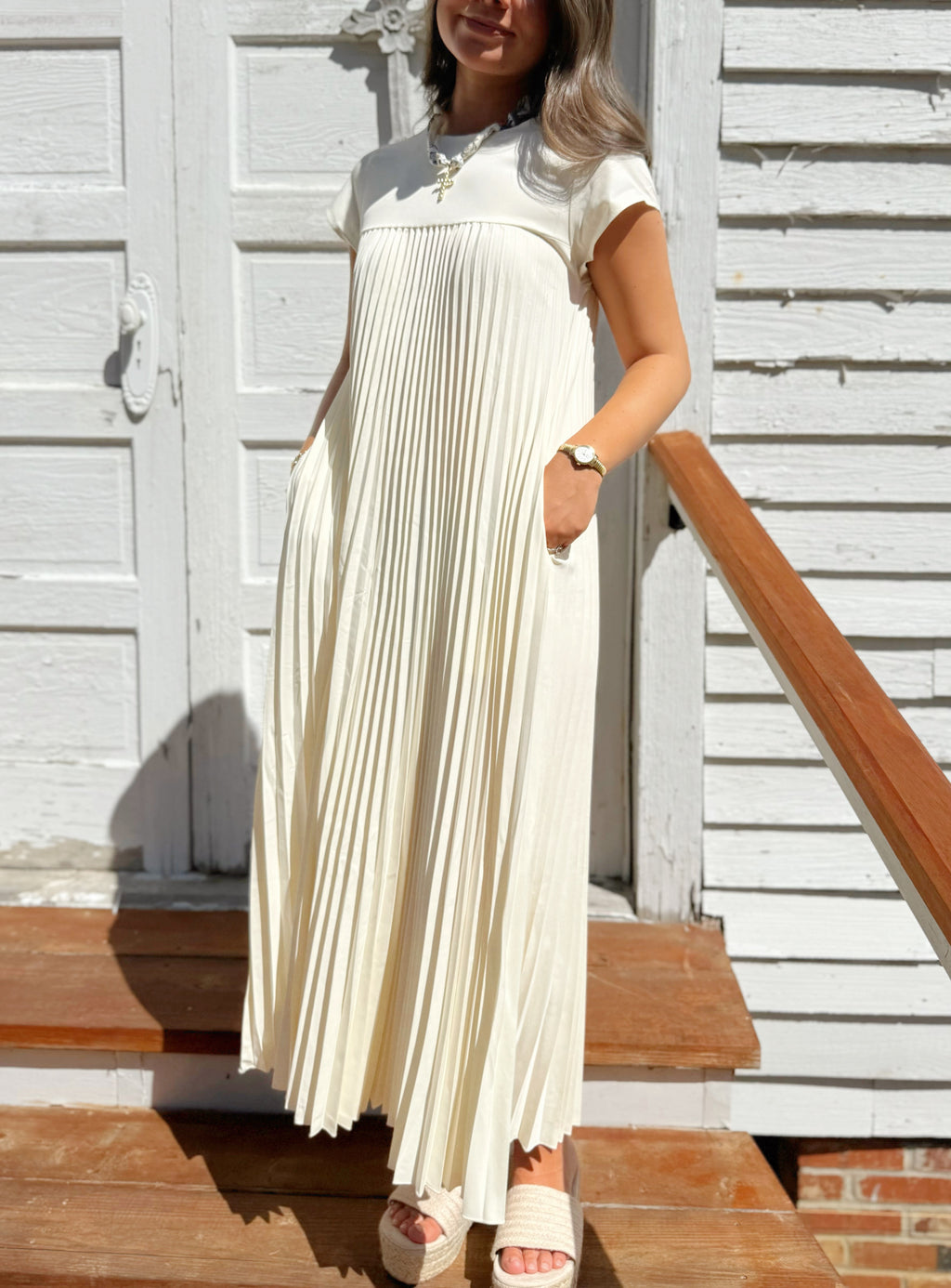 Beige Pleated Maxi Dress