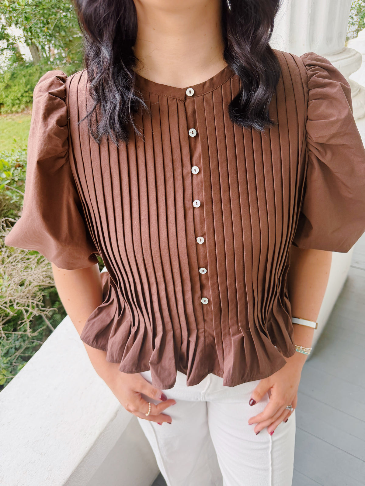 Brown Pleated Peplum Top