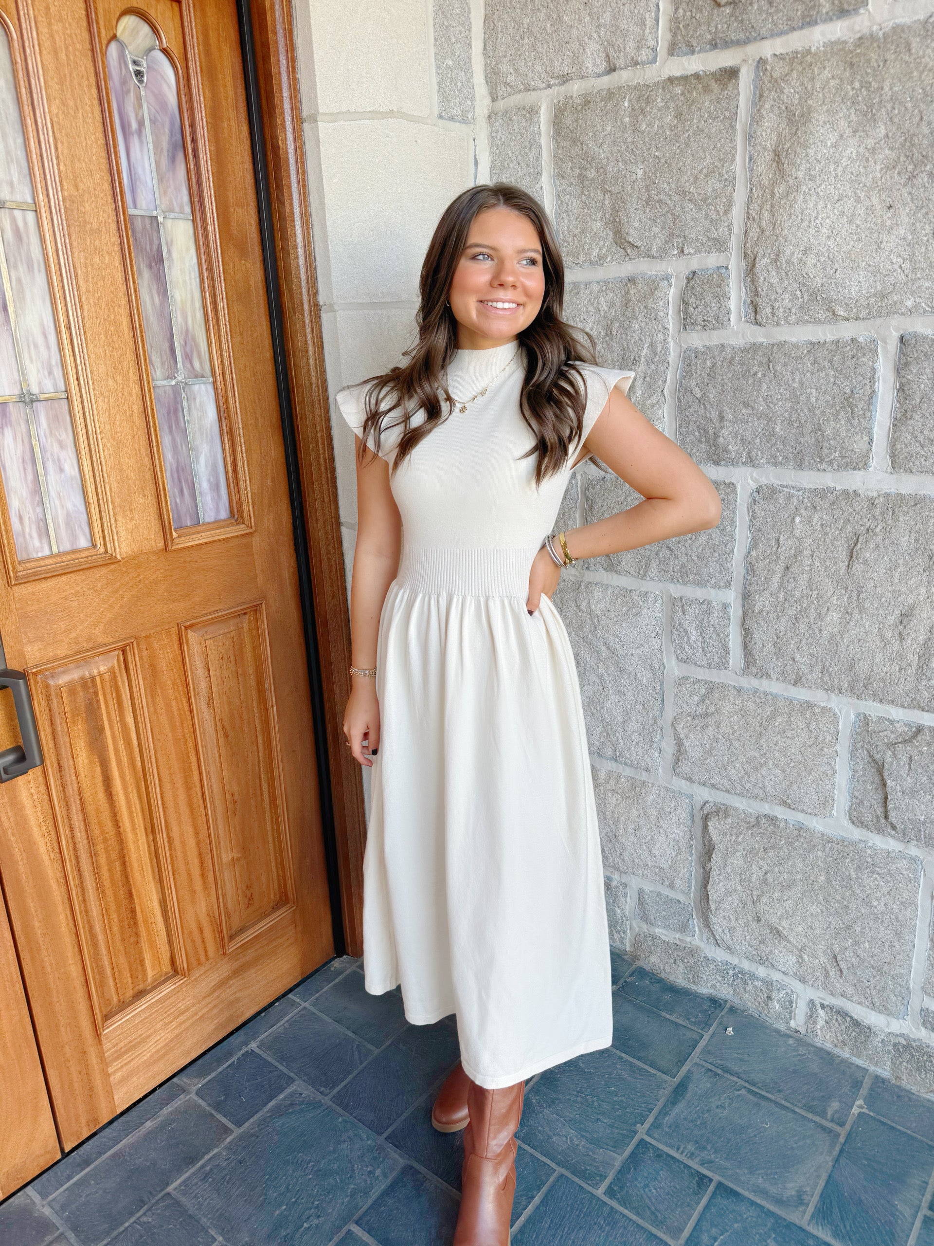 Cream Mockneck Sweater Dress