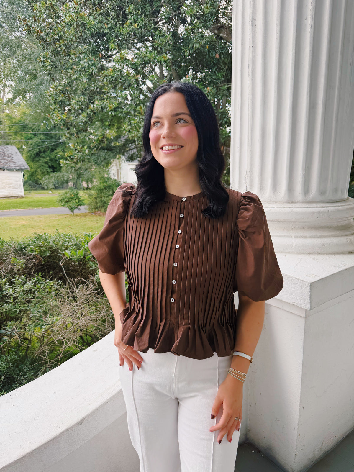Brown Pleated Peplum Top