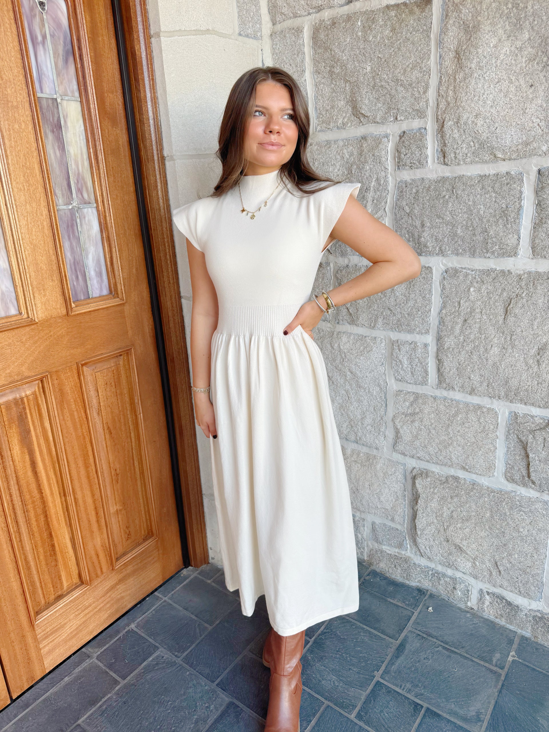 Cream Mockneck Sweater Dress