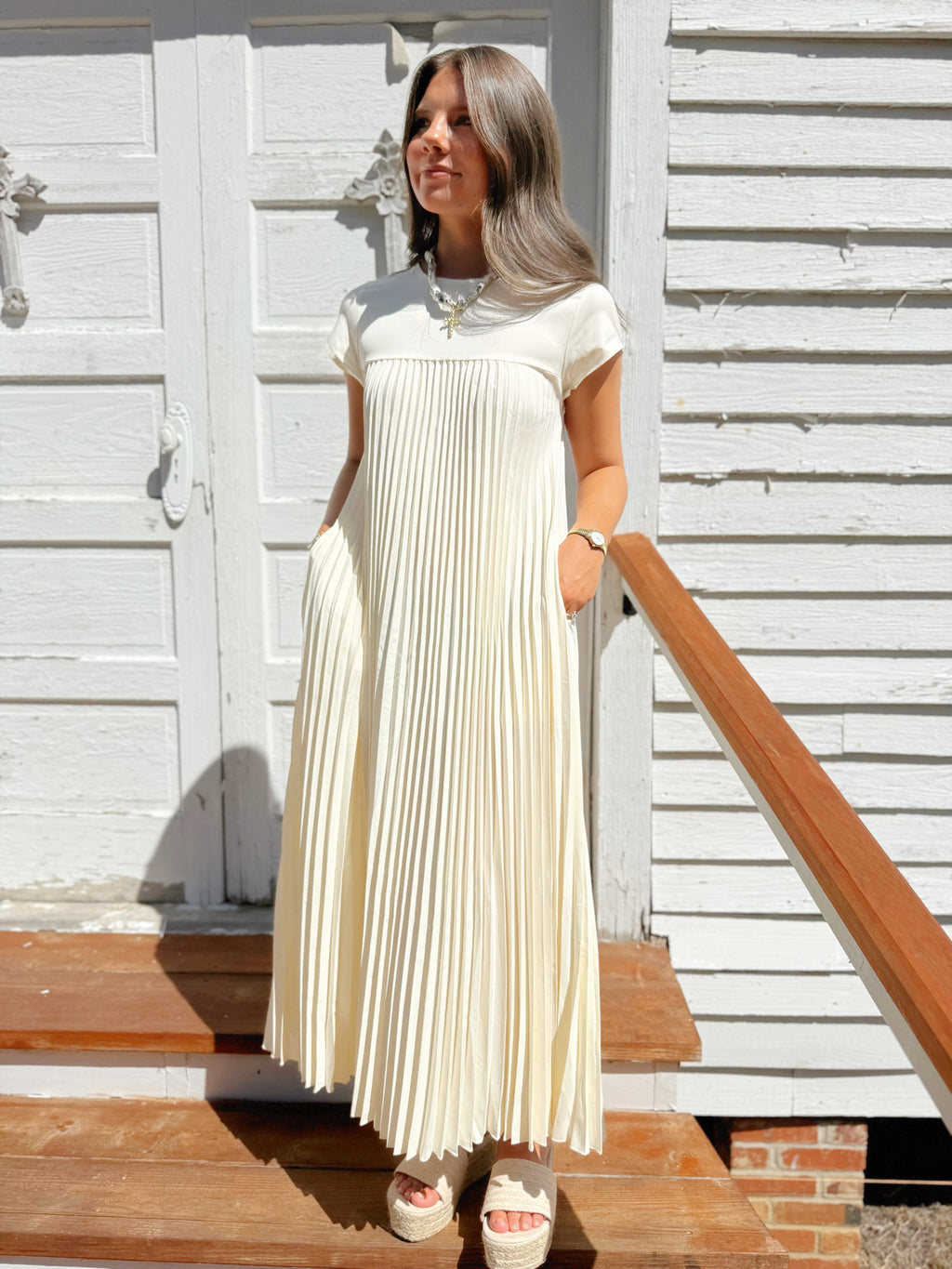 Beige Pleated Maxi Dress