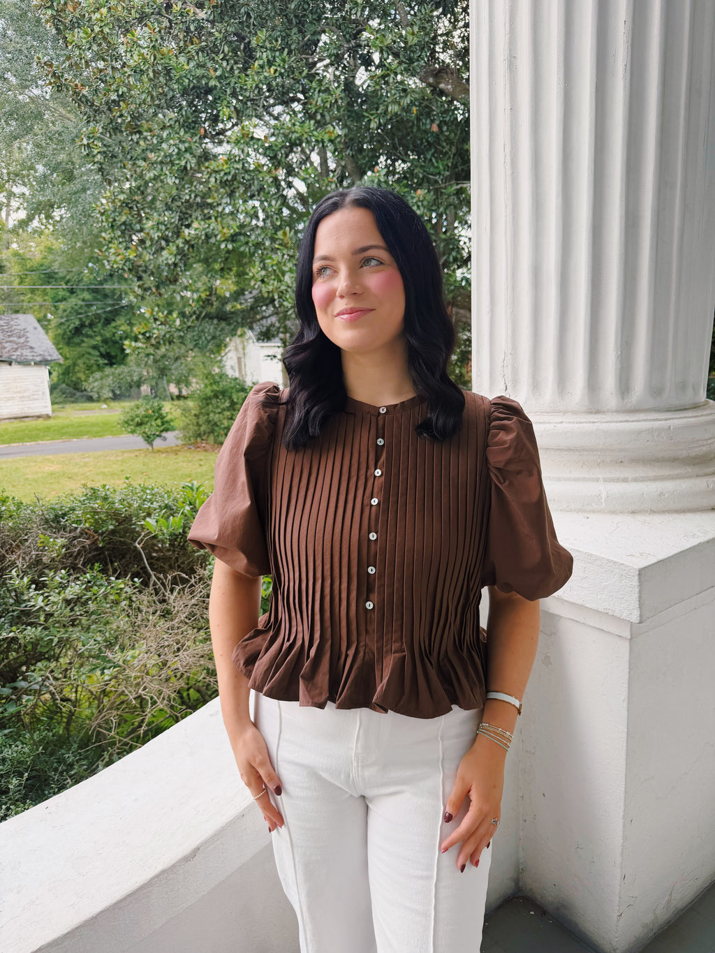 Brown Pleated Peplum Top