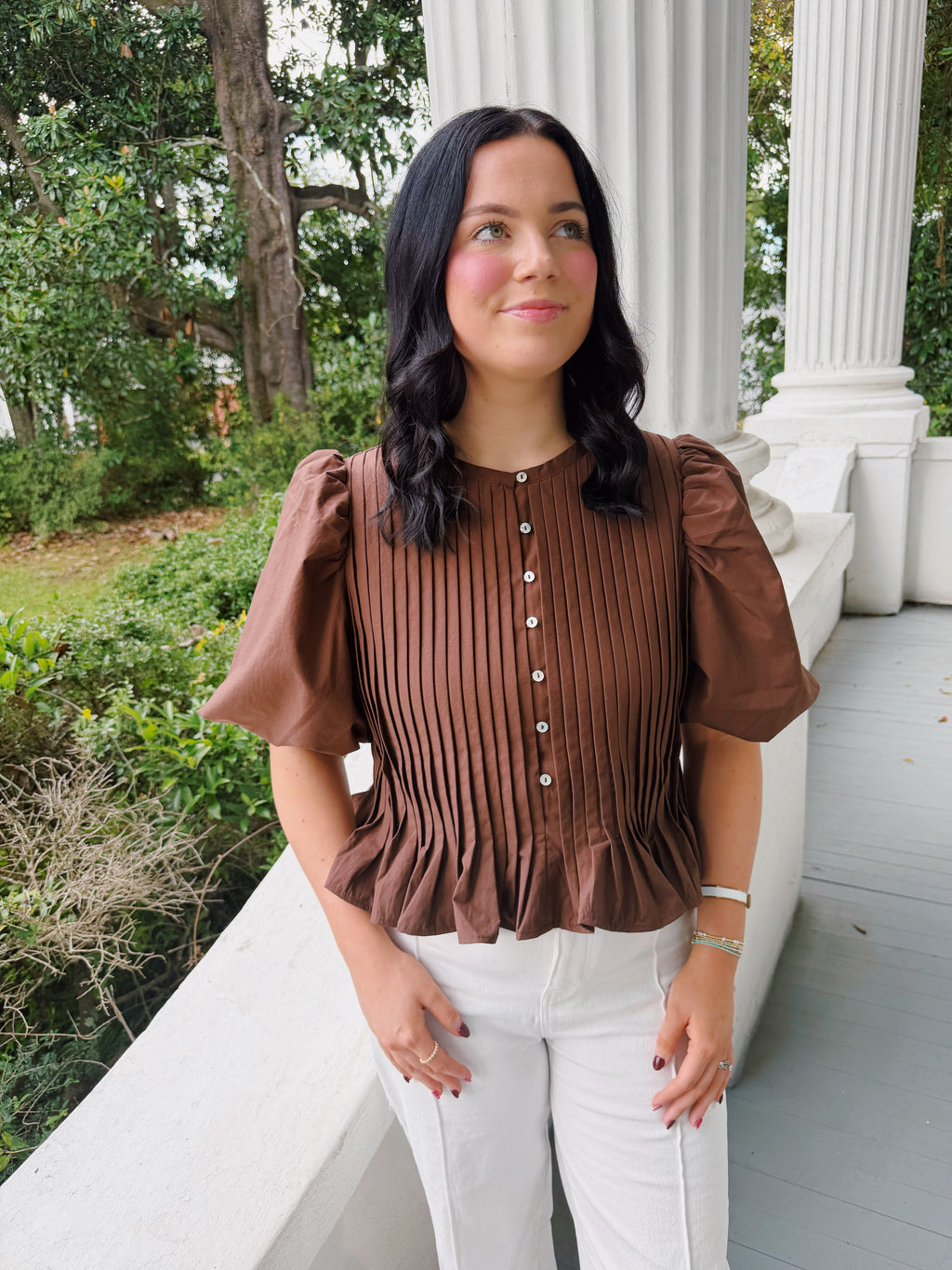 Brown Pleated Peplum Top
