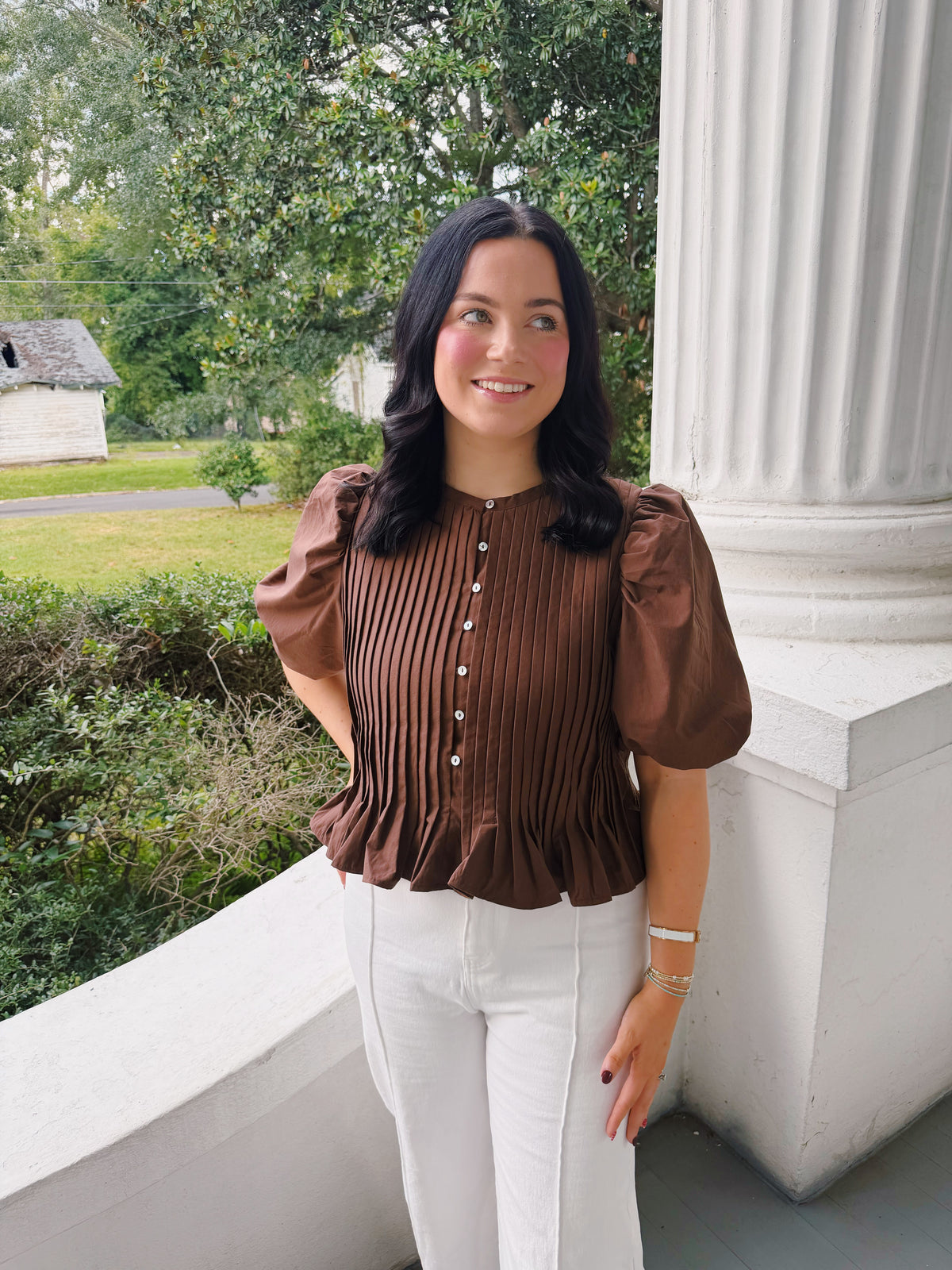 Brown Pleated Peplum Top
