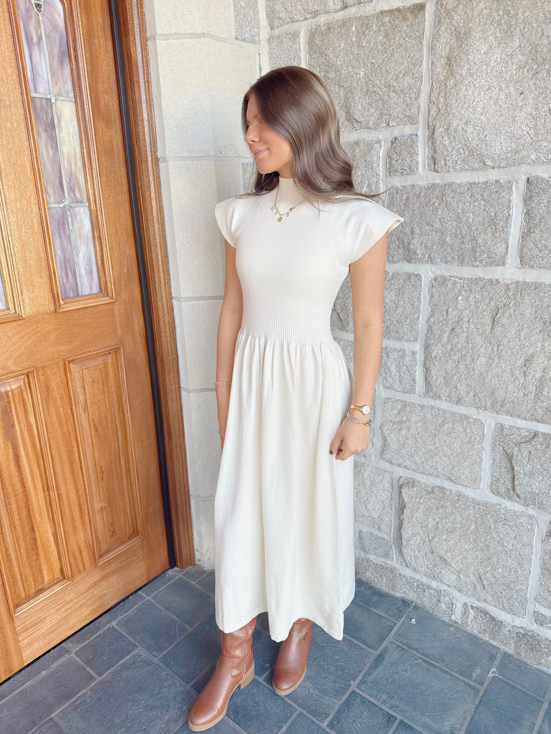 Cream Mockneck Sweater Dress